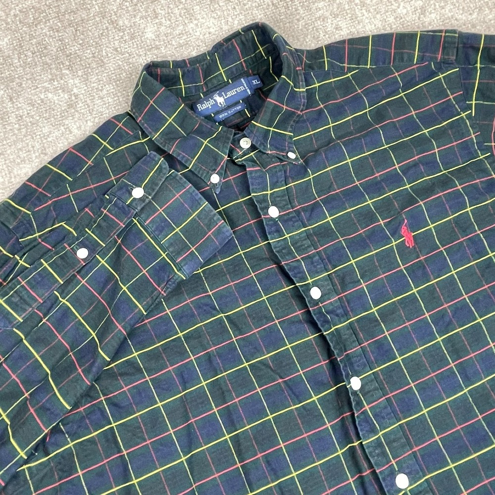 Ralph Lauren Shirt Mens XL Multicolor Plaid Cotton Pony Logo Pleated Button Down